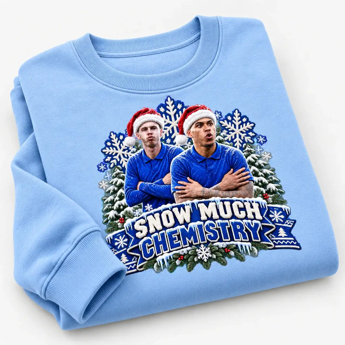 Sky Blue Snow Much Chemistry Christmas jumper featuring Cole Palmer and Morgan Rogers Chelsea fan design, folded flat lay