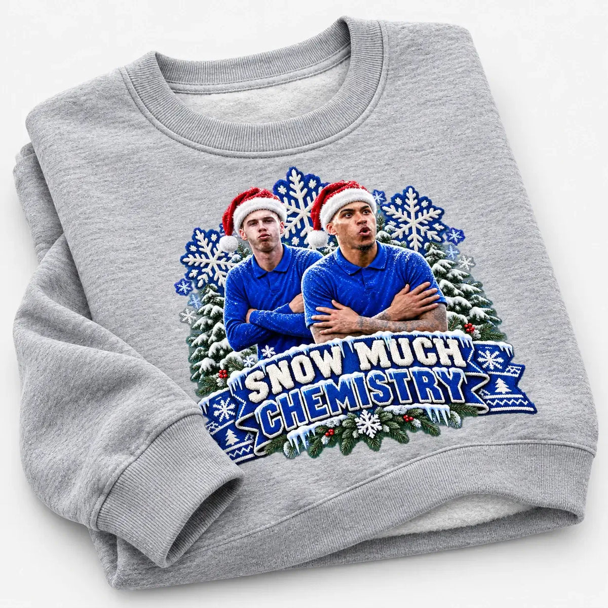 Heather Grey Snow Much Chemistry Christmas jumper featuring Cole Palmer and Morgan Rogers, close folded flat lay