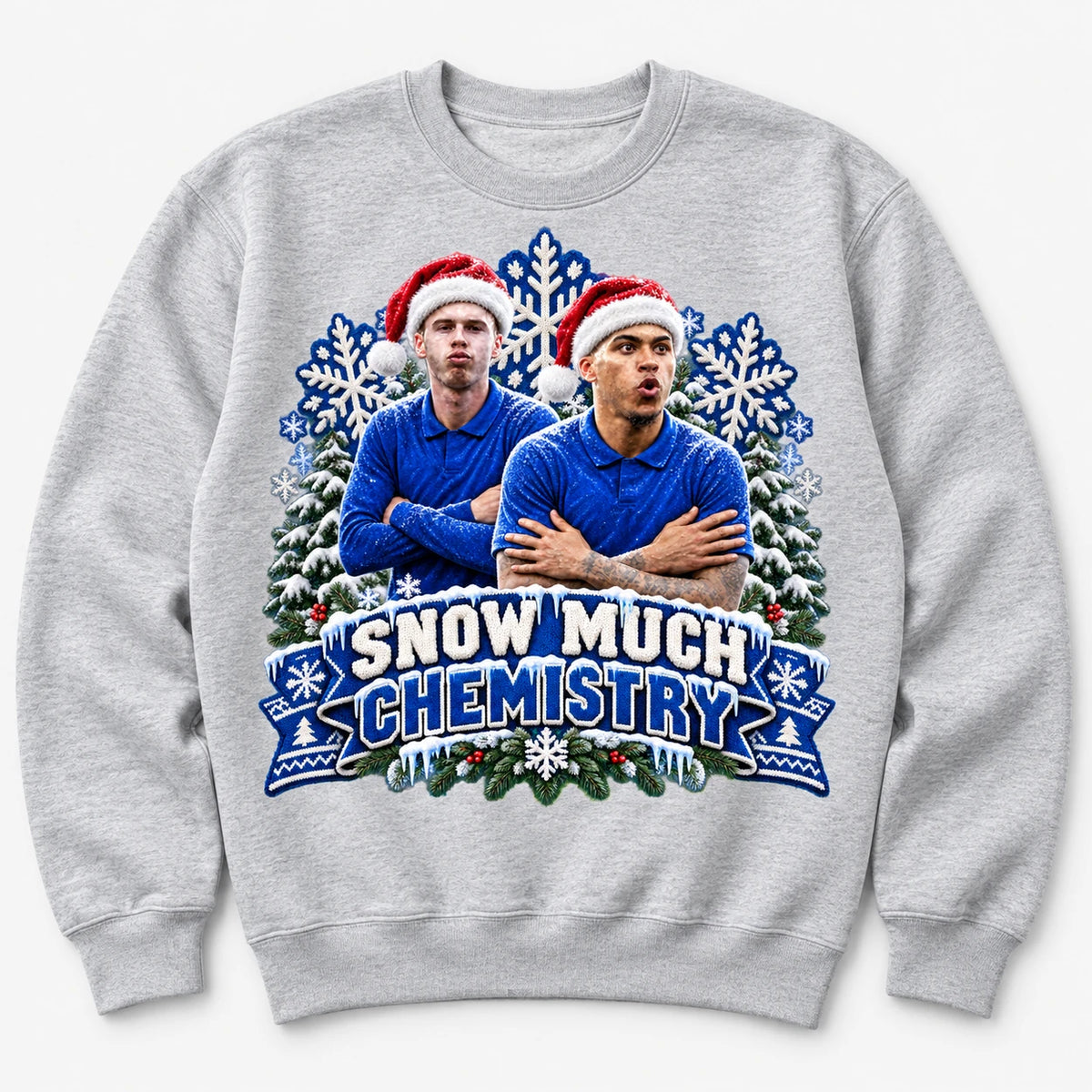Heather Grey Snow Much Chemistry Christmas jumper with Cole Palmer and Morgan Rogers, original front mockup
