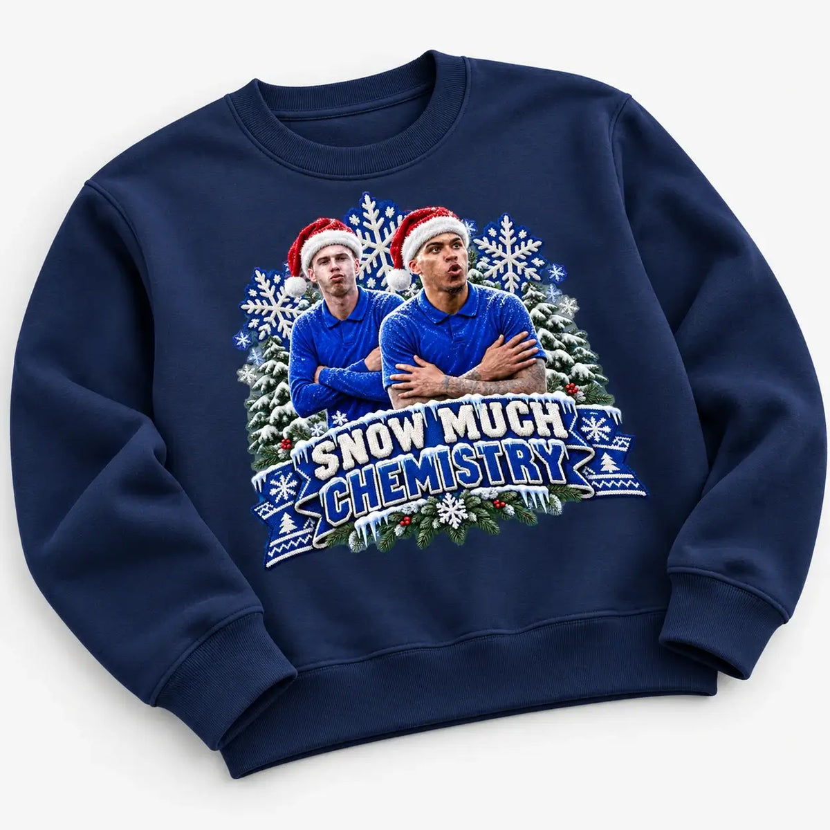 Navy Snow Much Chemistry Christmas jumper featuring Cole Palmer and Morgan Rogers, angled flat lay