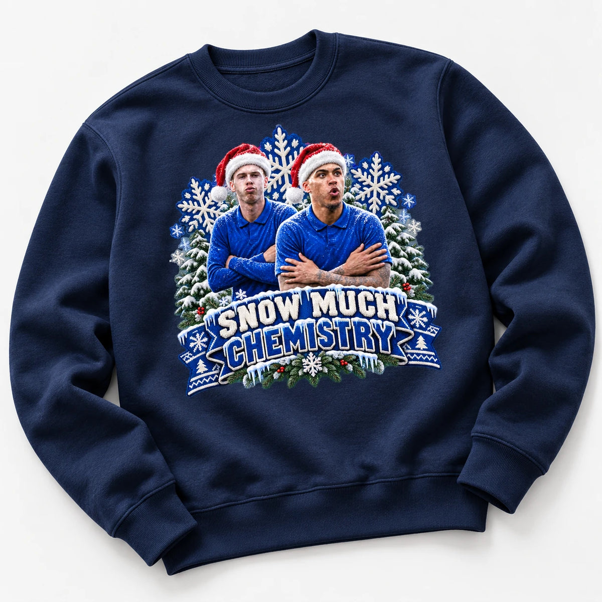 Navy Snow Much Chemistry Christmas jumper with Cole Palmer and Morgan Rogers, original angled mockup