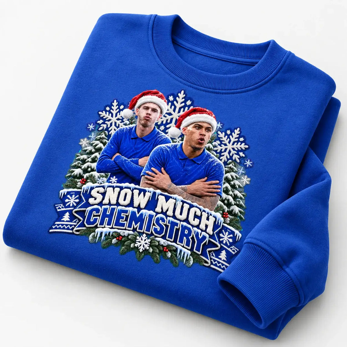 Royal Blue Snow Much Chemistry Christmas jumper featuring Cole Palmer and Morgan Rogers, close folded flat lay
