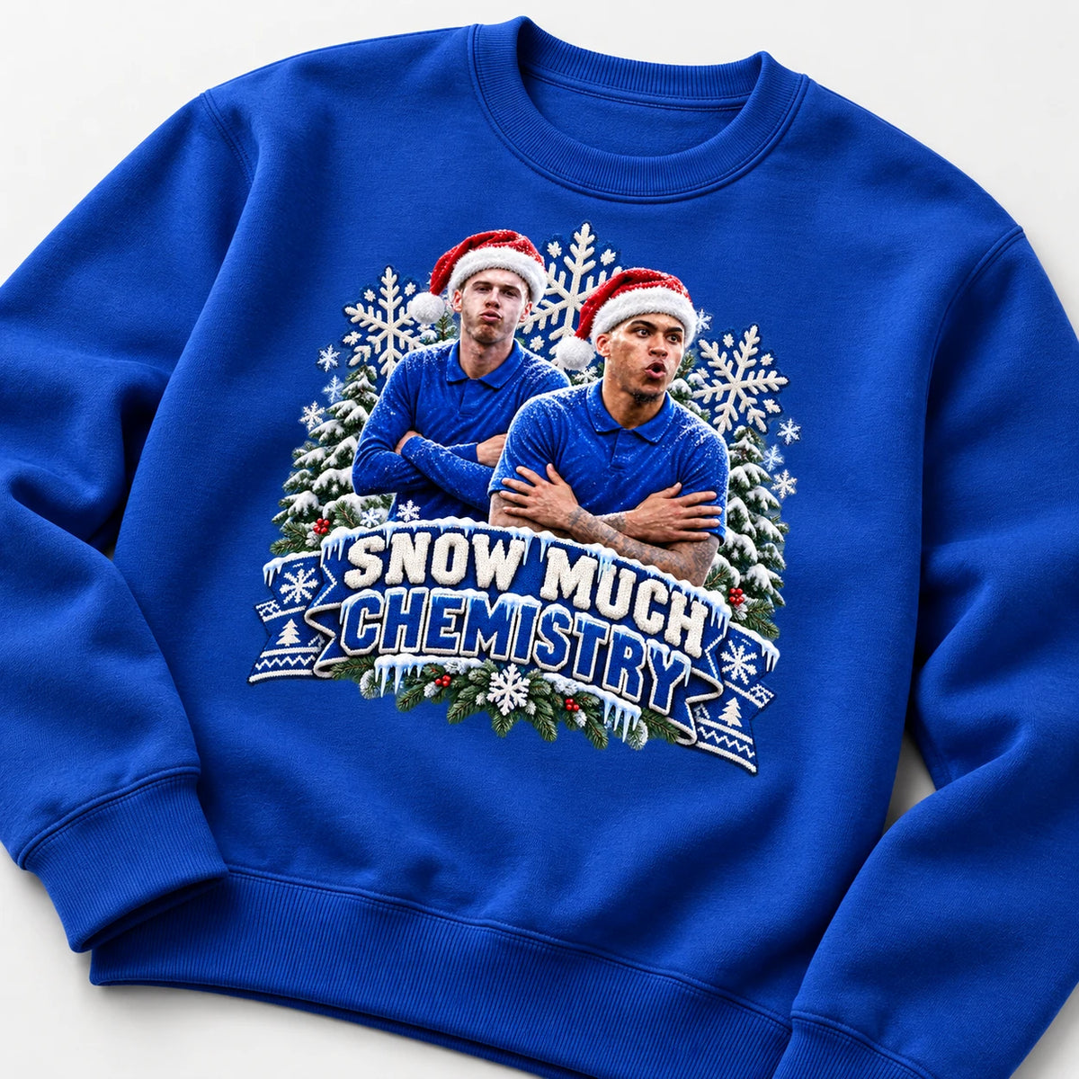 Royal Blue Snow Much Chemistry Christmas jumper with Cole Palmer and Morgan Rogers, original angled mockup