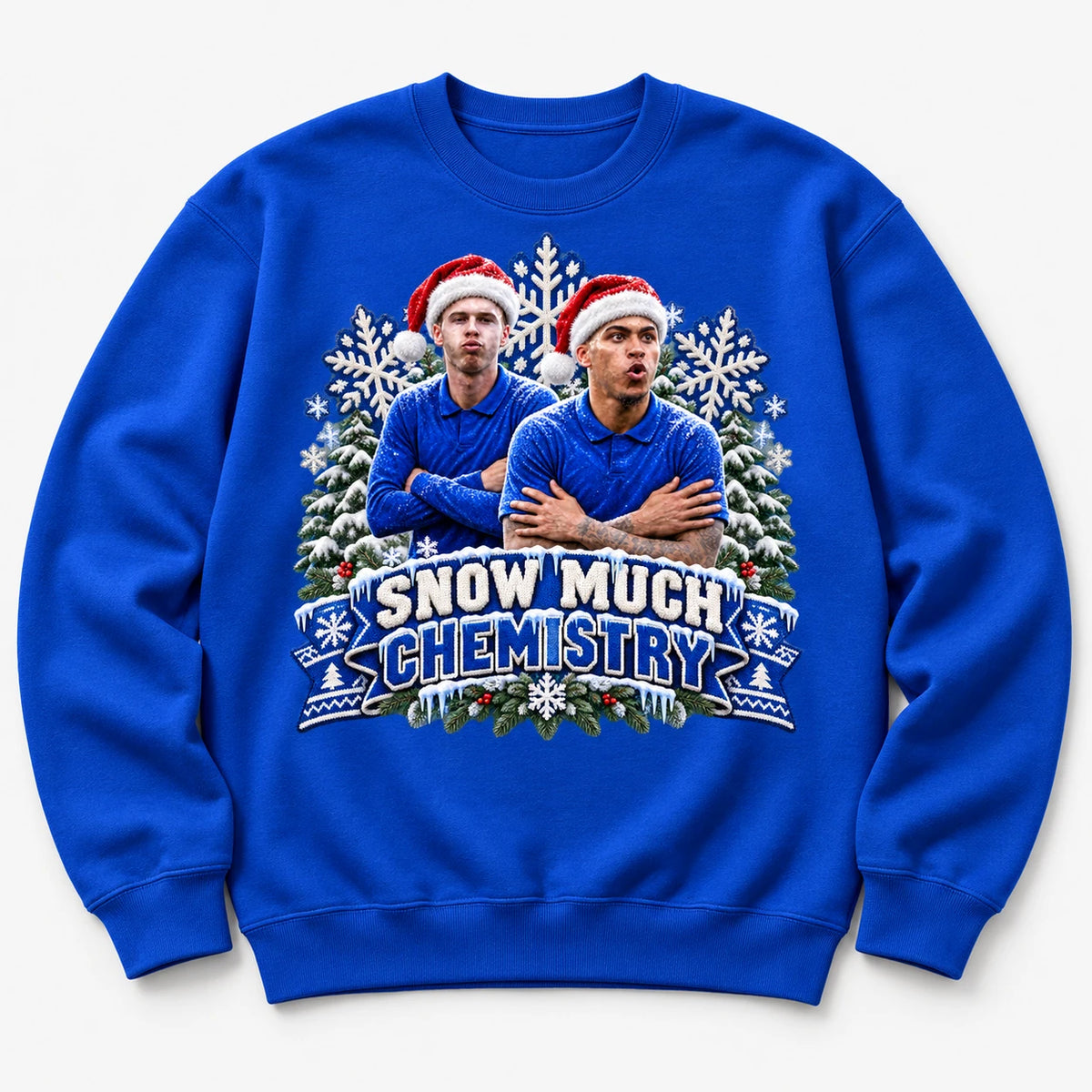 Royal Blue Snow Much Chemistry Christmas jumper with Cole Palmer and Morgan Rogers, original front mockup