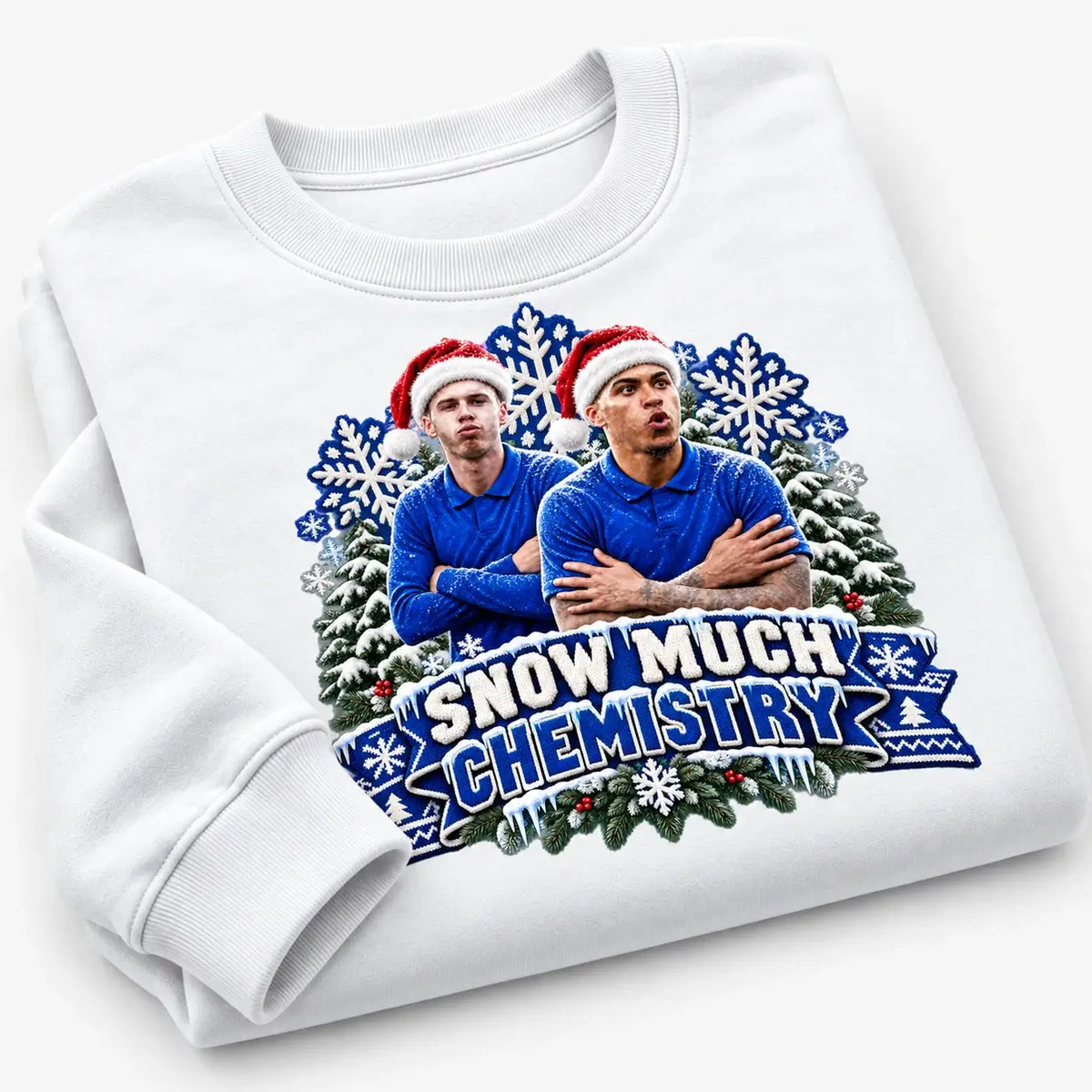White Snow Much Chemistry Christmas jumper featuring Cole Palmer and Morgan Rogers, close folded flat lay