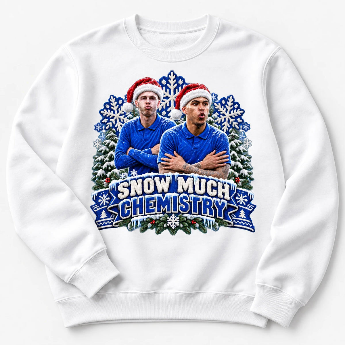 White Snow Much Chemistry Christmas jumper with Cole Palmer and Morgan Rogers, original angled mockup