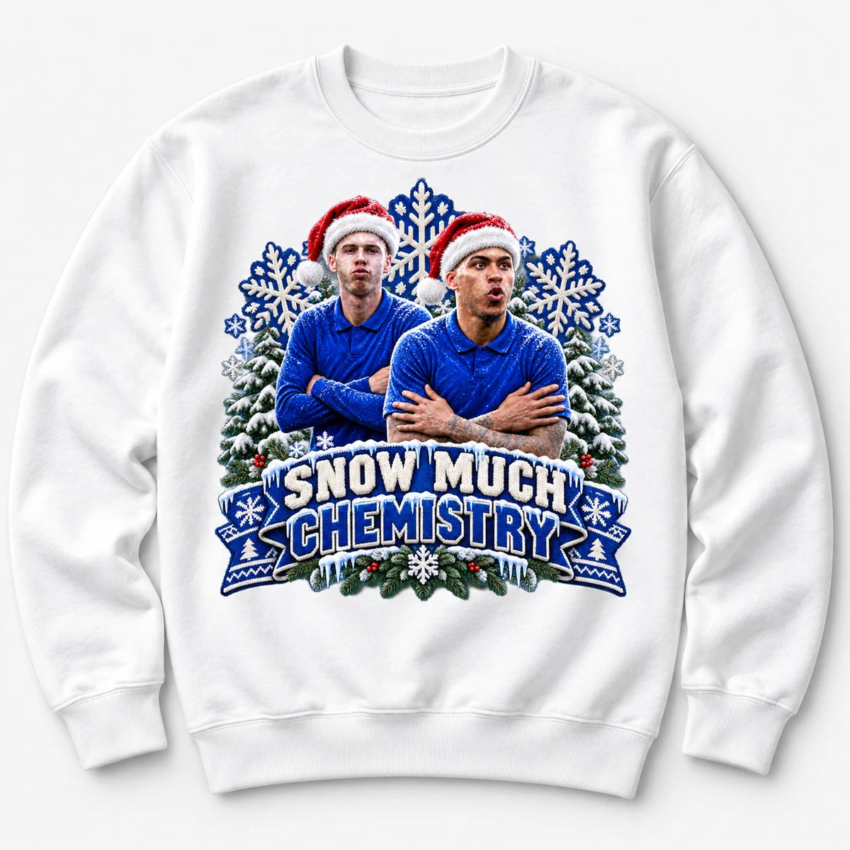 White Snow Much Chemistry Christmas jumper with Cole Palmer and Morgan Rogers, original front mockup