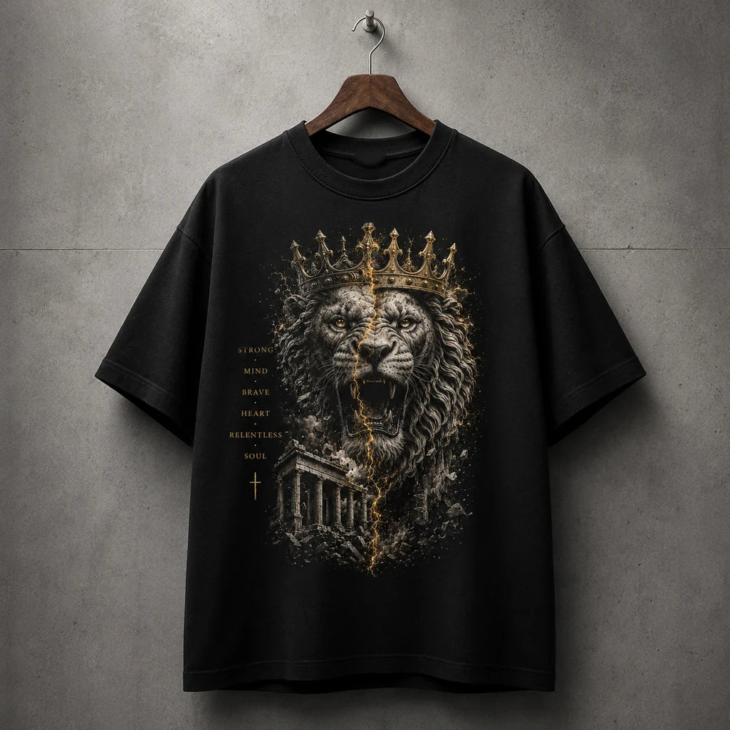 Crowned Lion black graphic T-shirt hanging mockup