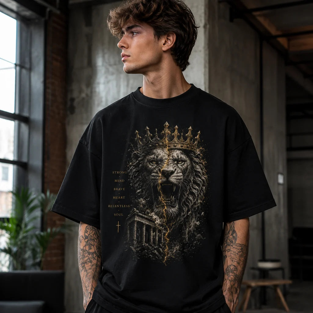 Male model wearing Crowned Lion Roman Empire black T-shirt