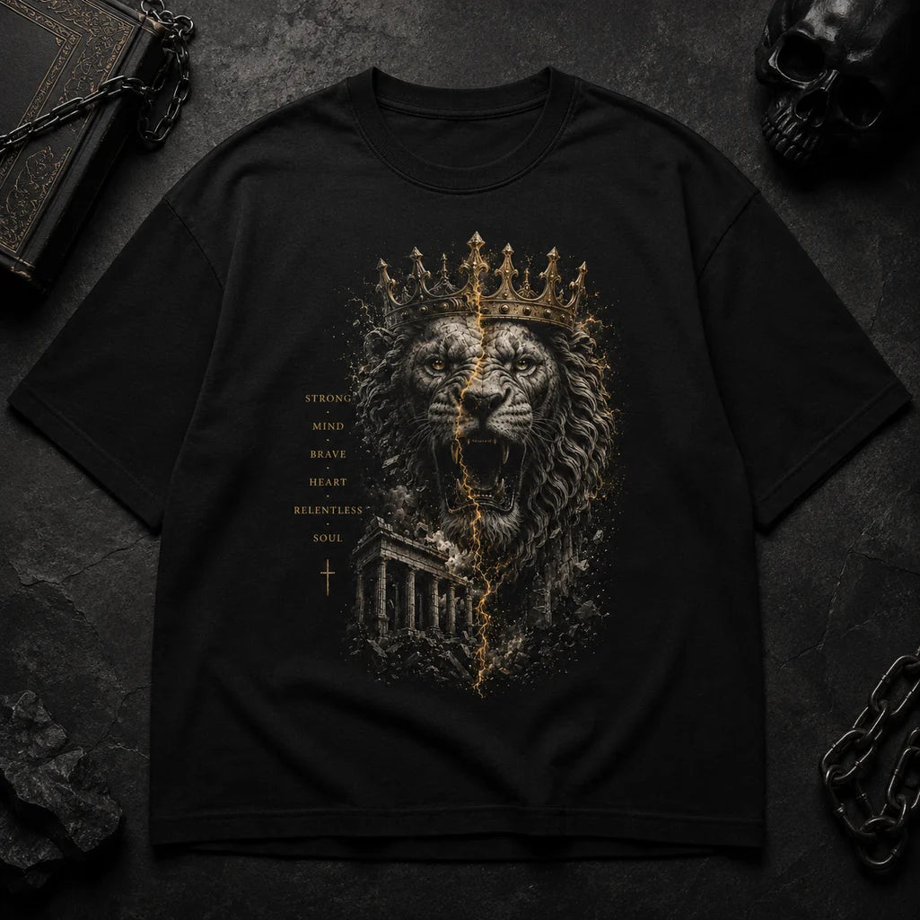 Crowned Lion Roman inspired graphic T-shirt flat lay