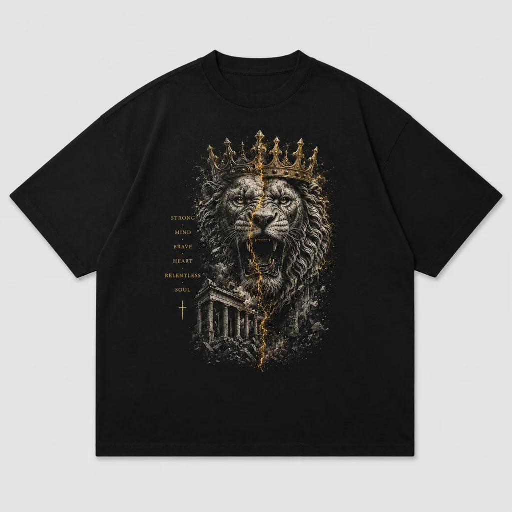 Urban model wearing Crowned Lion black graphic T-shirt