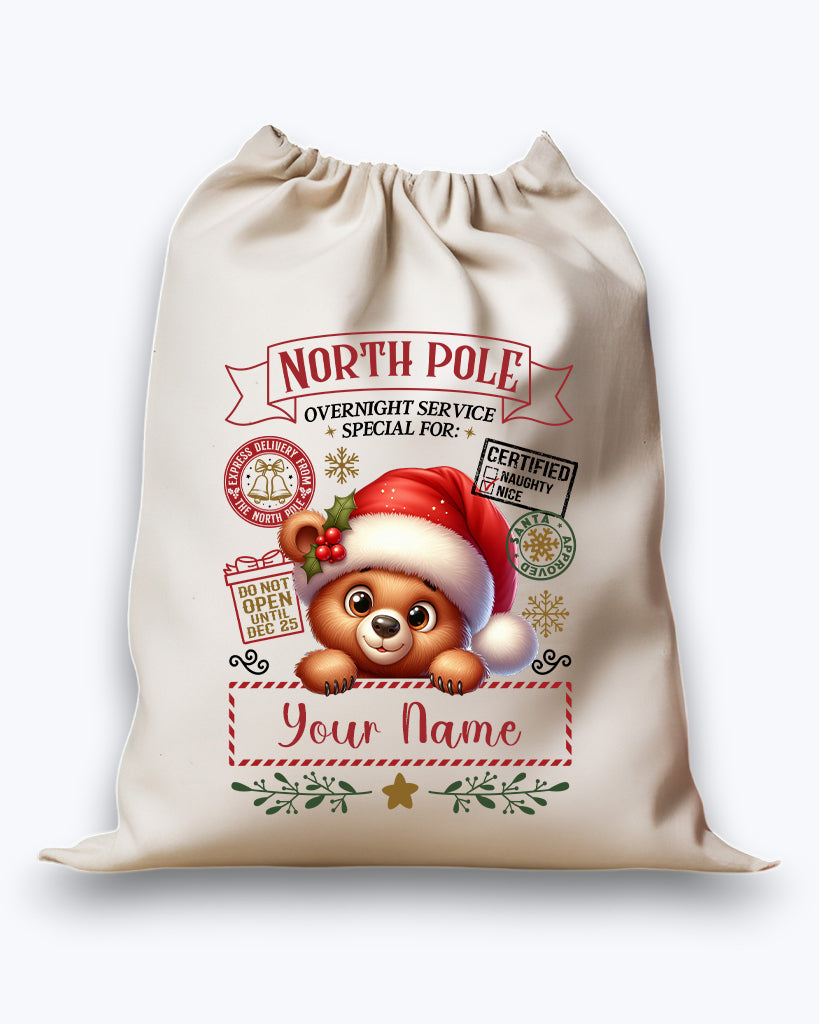 Personalised DTF Printed Christmas Sack - Cute Bear Design 40cm x 61.5cm