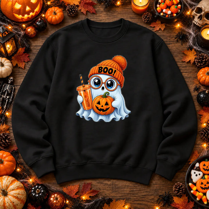 Black cute Boo ghost Halloween jumper with pumpkin artwork
