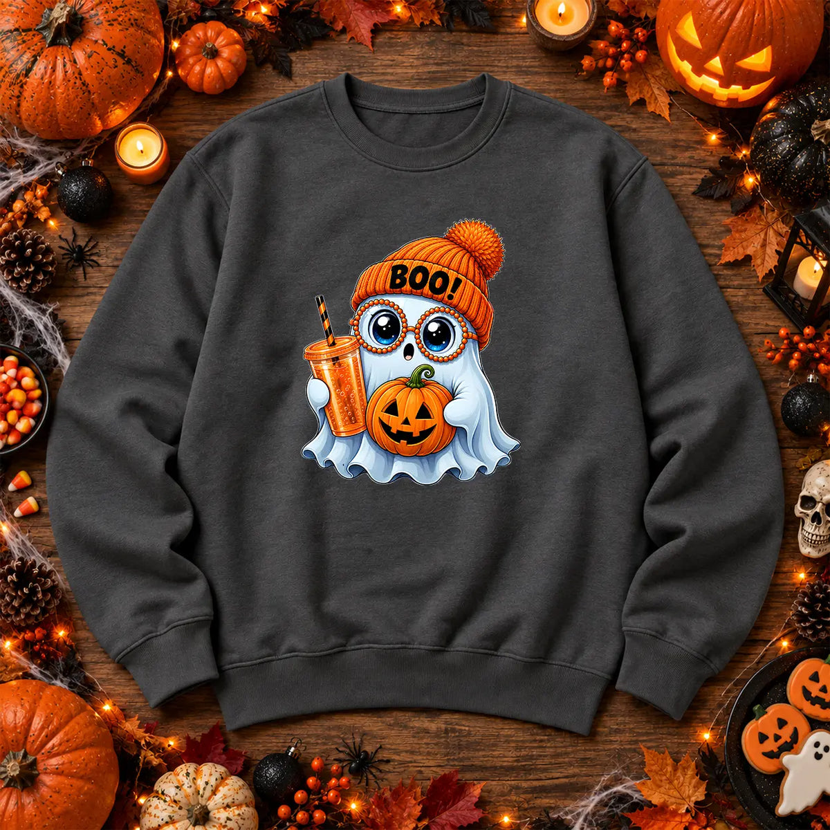 Charcoal cute Boo ghost Halloween jumper with pumpkin artwork