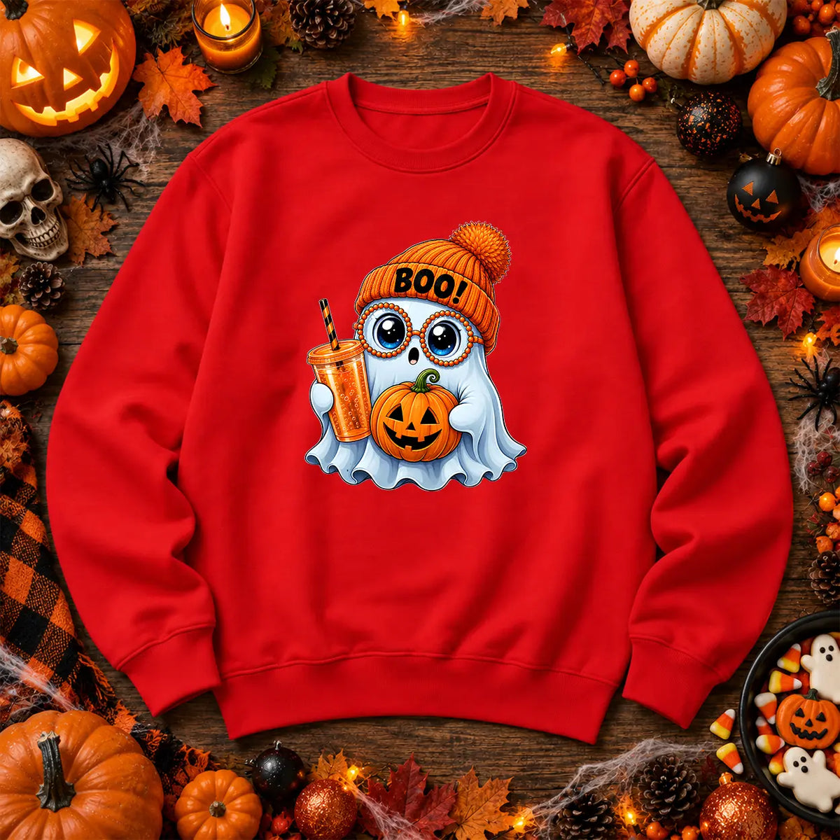 Fire Red cute Boo ghost Halloween jumper with pumpkin artwork