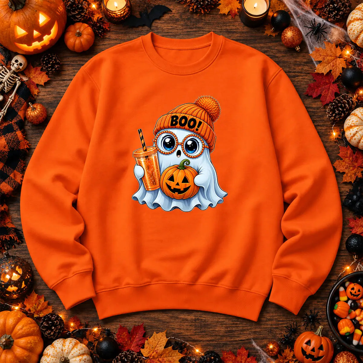 Orange cute Boo ghost Halloween jumper with pumpkin artwork