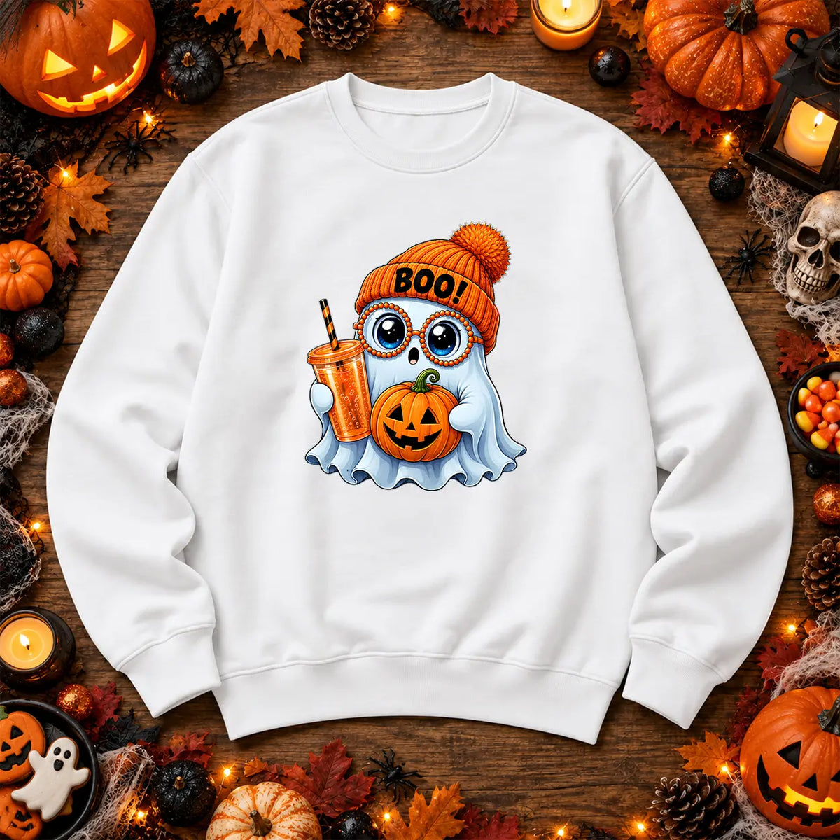 White cute Boo ghost Halloween jumper with pumpkin artwork