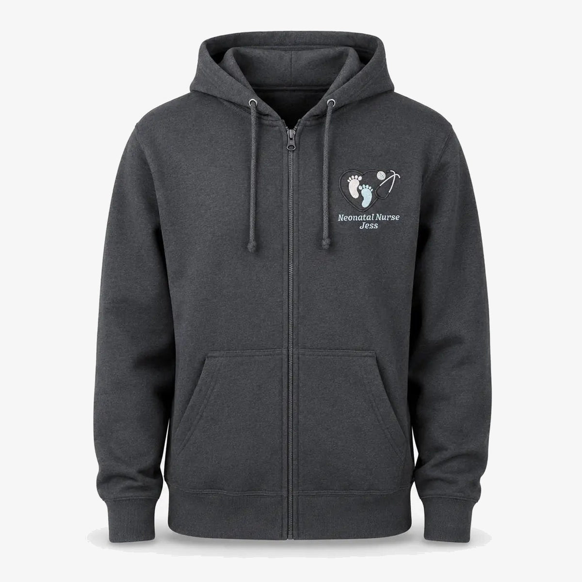 Dark Grey NHS Neonatal Nurse hoodie with footprint embroidery
