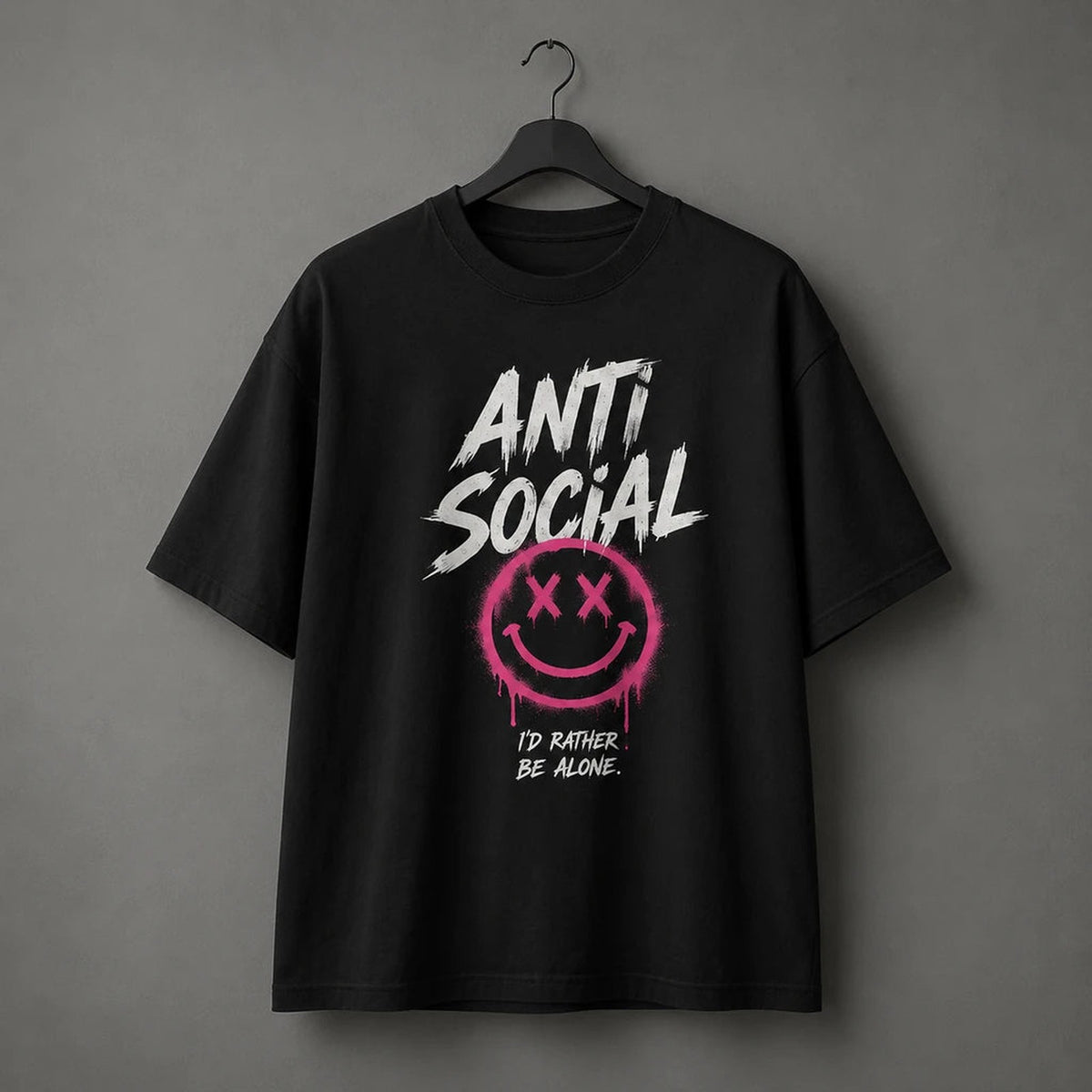Deep Black tshirt — Anti Social Graphic T-Shirt | Pink Smiley Streetwear Tee