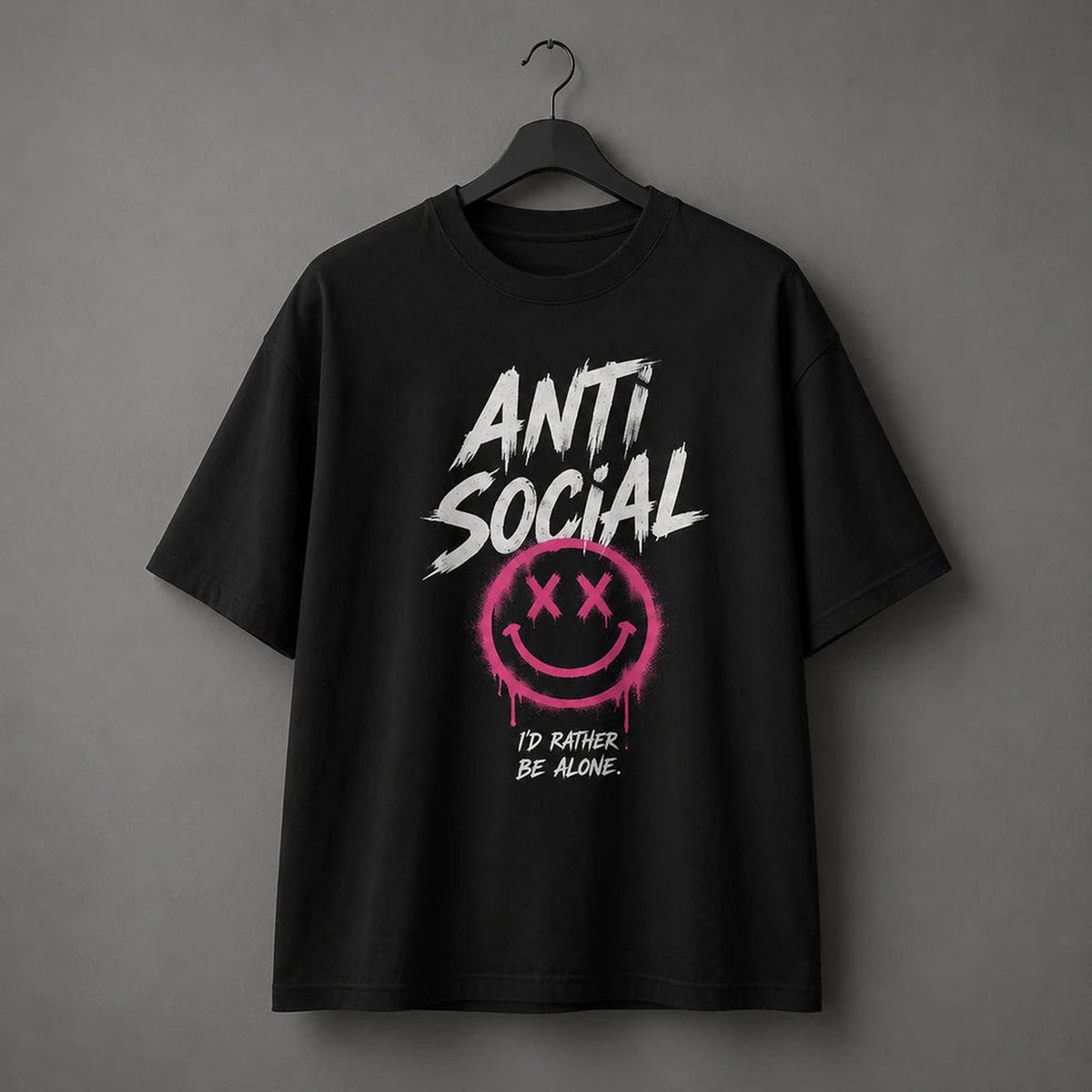 Deep Black tshirt — Anti Social Graphic T-Shirt | Pink Smiley Streetwear Tee