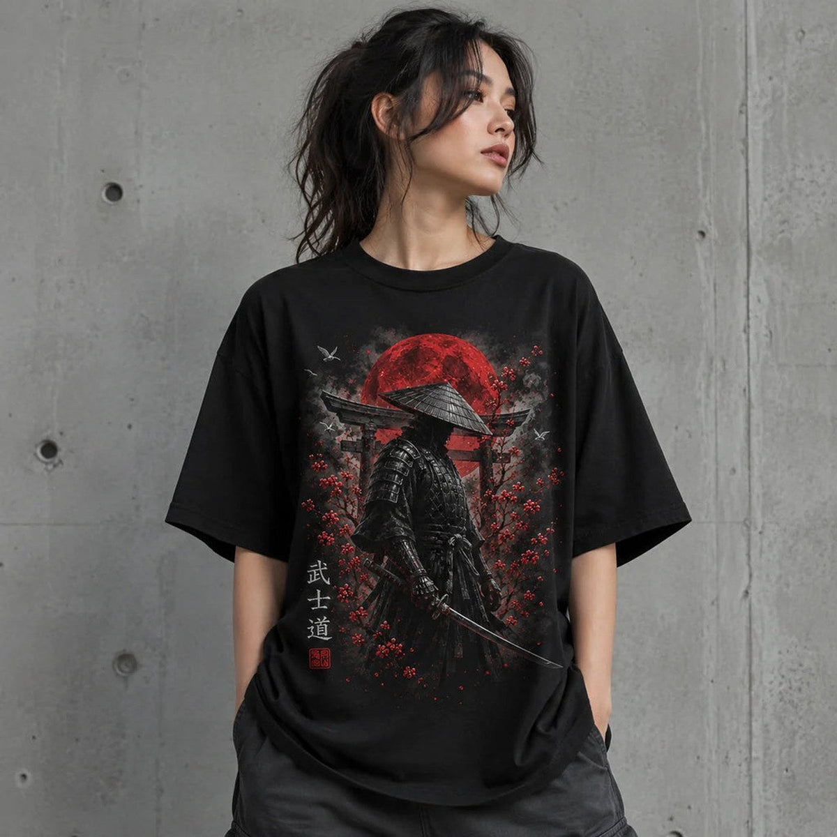 Deep Black tshirt — Bushido Samurai Red Moon Graphic T-Shirt