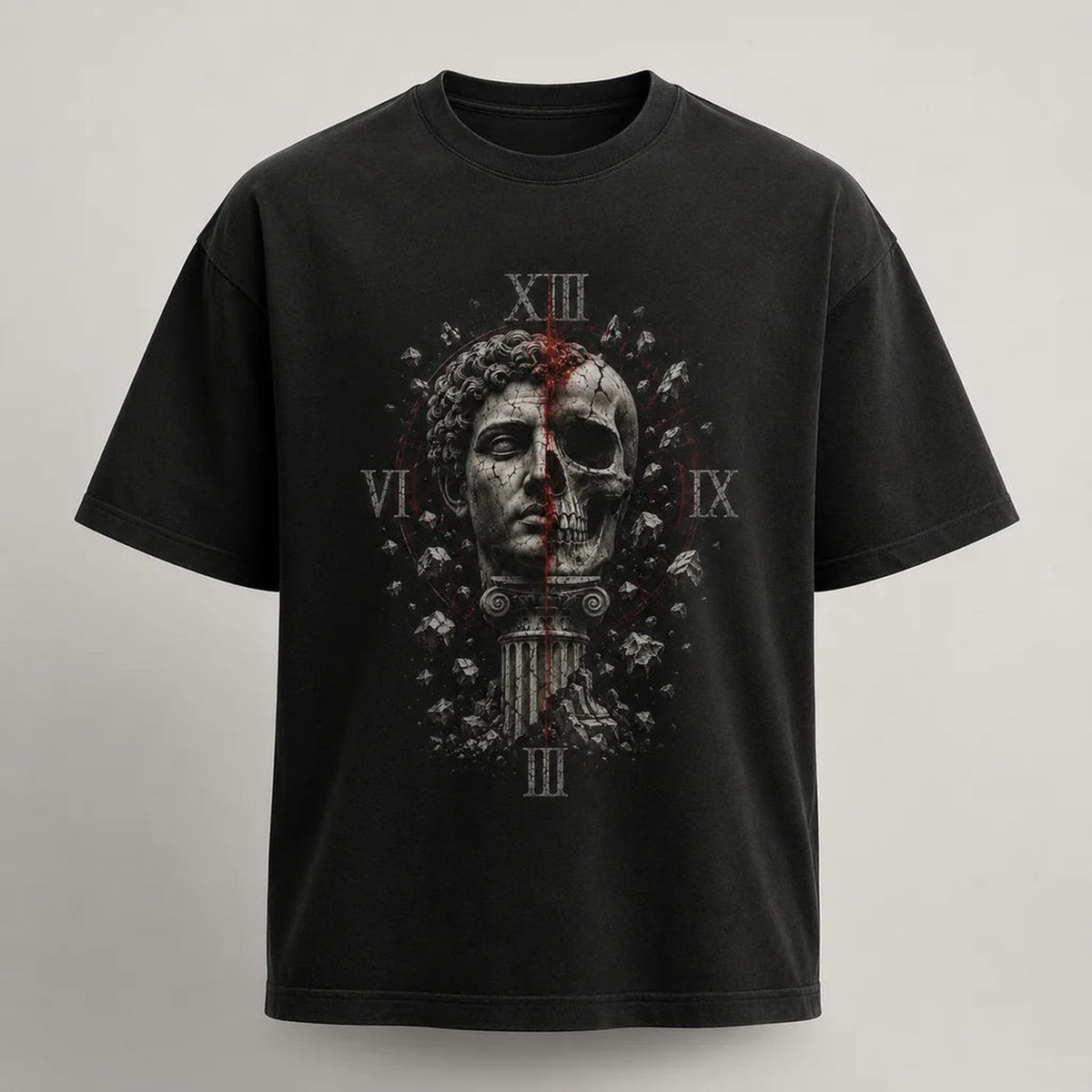 Deep Black tshirt — Fractured Legacy Roman Statue Skull Graphic T-Shirt