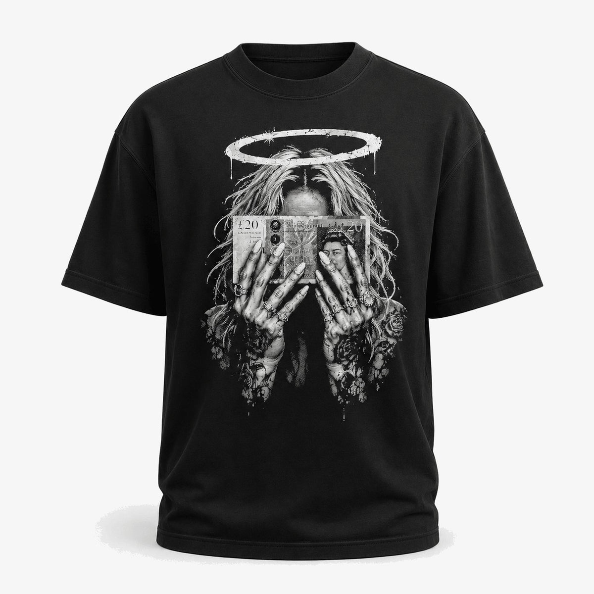 Deep Black tshirt — Money Halo Graphic T-Shirt | Gothic Streetwear Black Tee