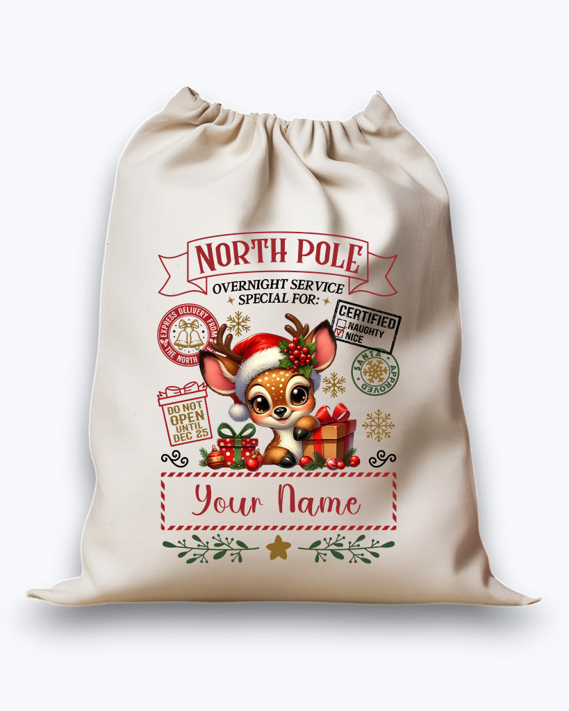 Personalised DTF Printed Christmas Sack - Deer with Presents Design 40cm x 61.5cm