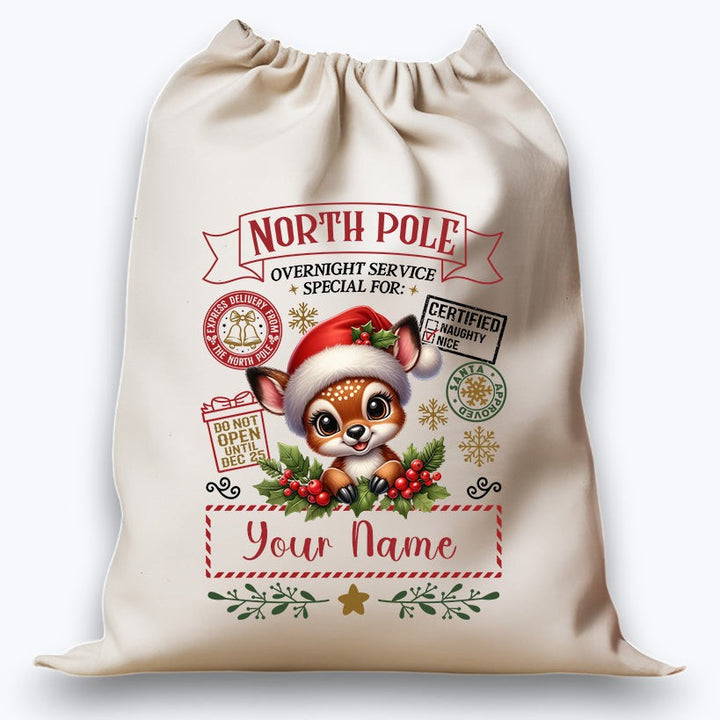 Personalised DTF Printed Christmas Sack - Deer with Holly