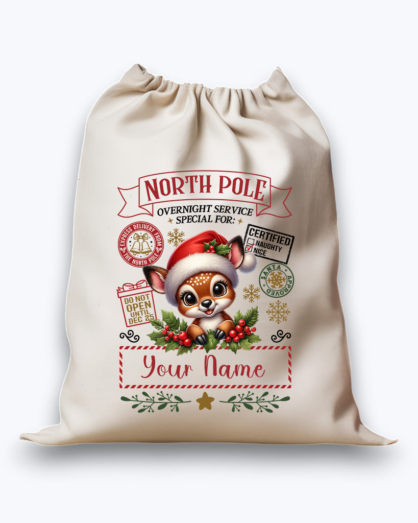Personalised DTF Printed Christmas Sack - Deer with Holly Design 40cm x 61.5cm