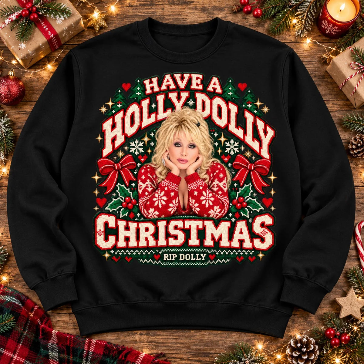 Black Dolly Parton RIP Christmas tribute crewneck jumper, Have a Holly Dolly Christmas festive knitted-look print