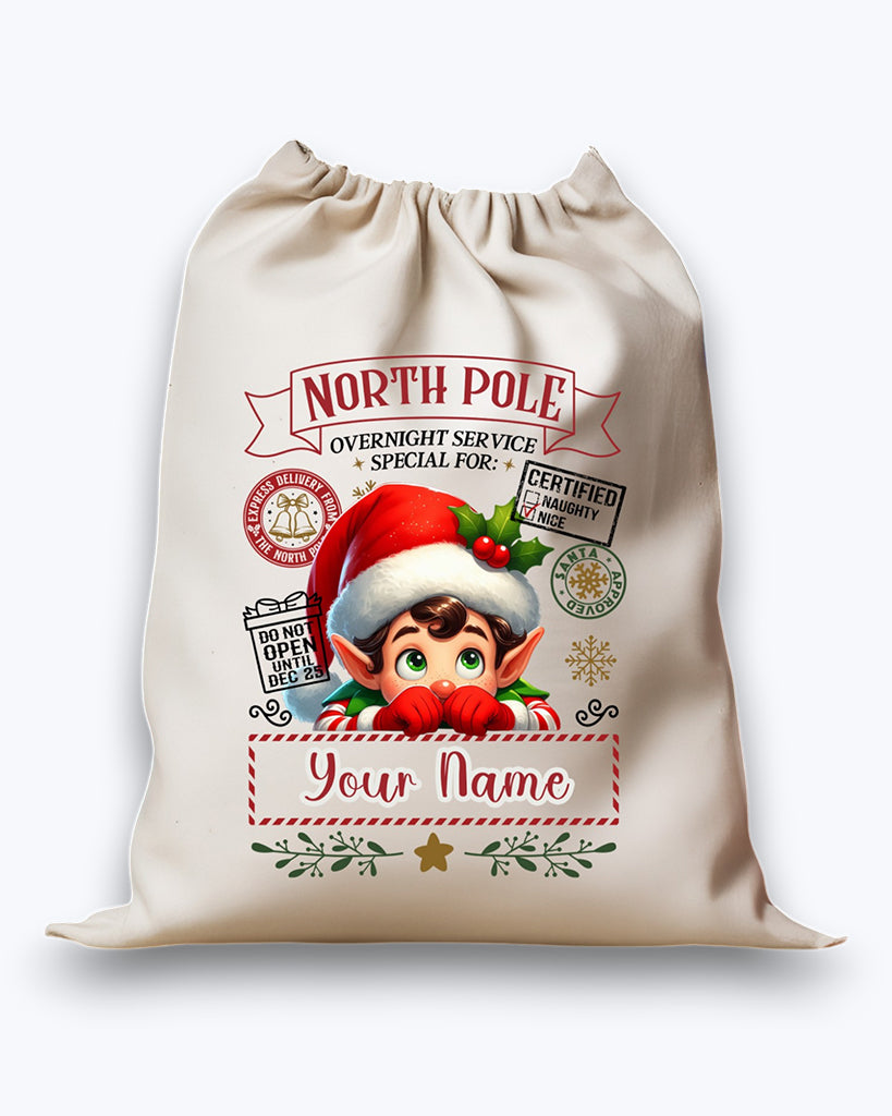 Personalised DTF Printed Christmas Sack - Elf Design 40cm x 61.5cm