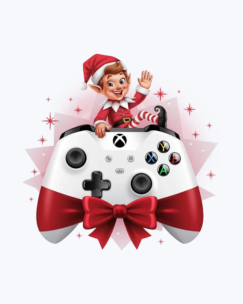 Christmas Elf Sitting on Xbox One Controller - Gaming DTF Transfer