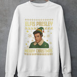 White Elfis Presley Christmas jumper with gold text