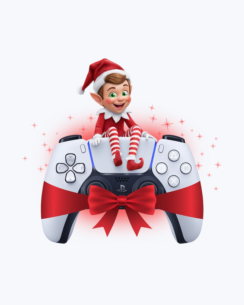 Christmas Elf Sitting on Playstation 5 Controller - Gaming DTF Transfer