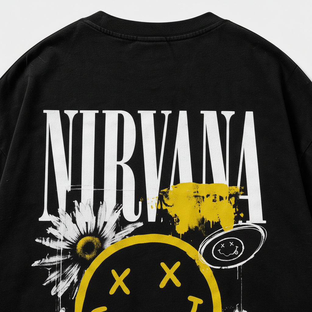 Printora UK black cotton t-shirt featuring a large distressed Nirvana grunge smiley graphic print on the back