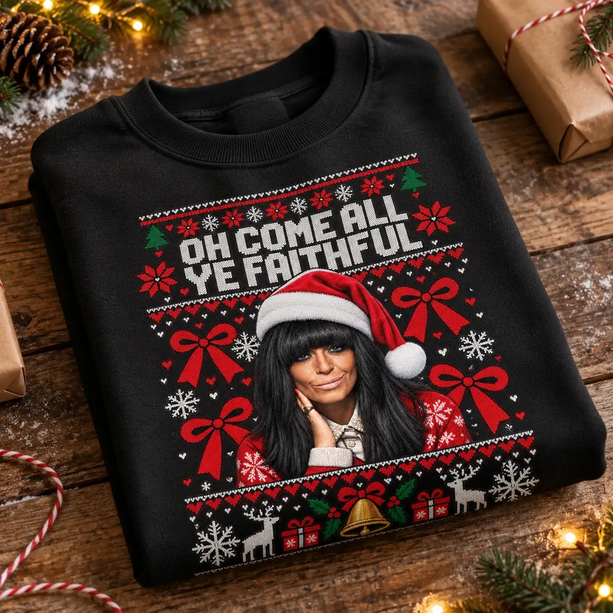 Black Faithful Christmas jumper folded festive product mockup