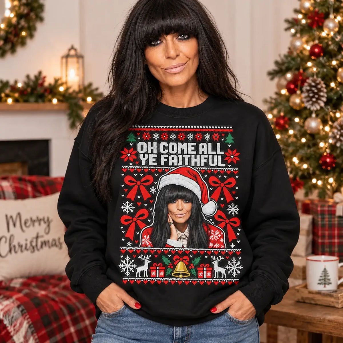 Model wearing black Faithful Christmas jumper with Claudia Winkleman inspired design