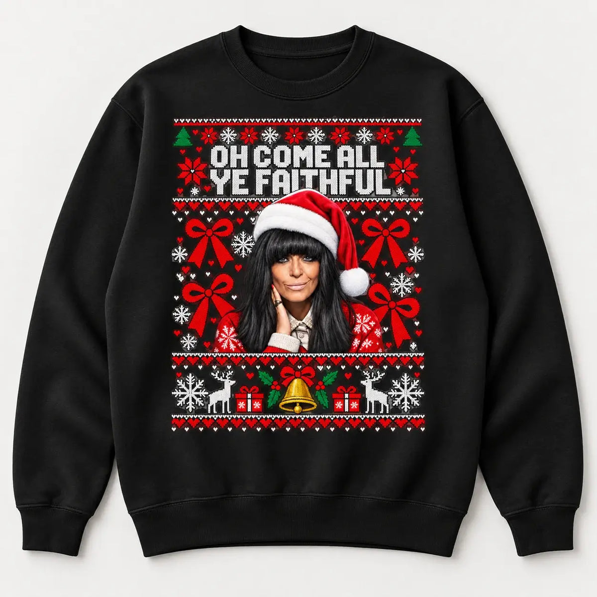Black Faithful Christmas jumper with Claudia Winkleman inspired festive Traitors design