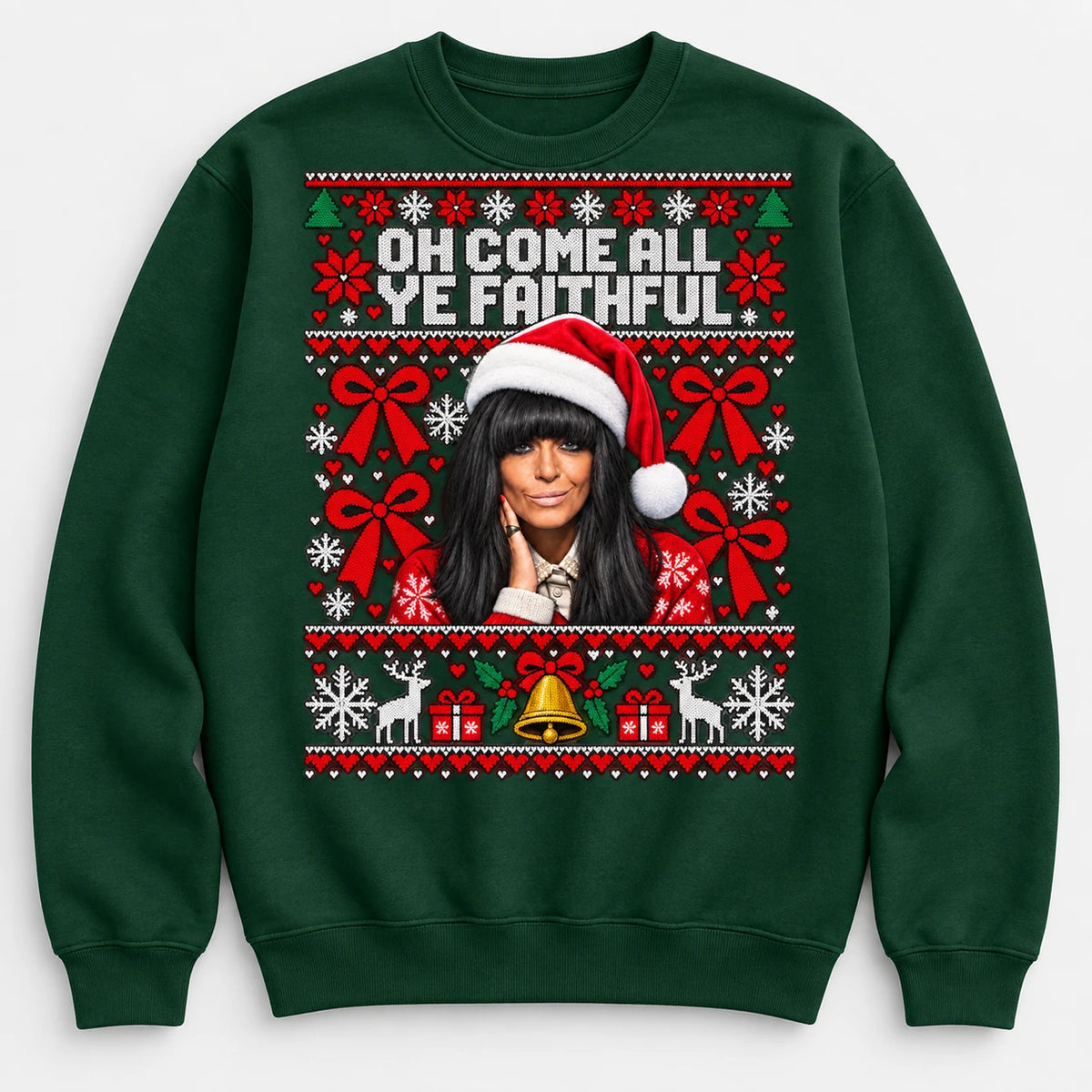Bottle Green Faithful Christmas jumper with Claudia Winkleman inspired festive Traitors design