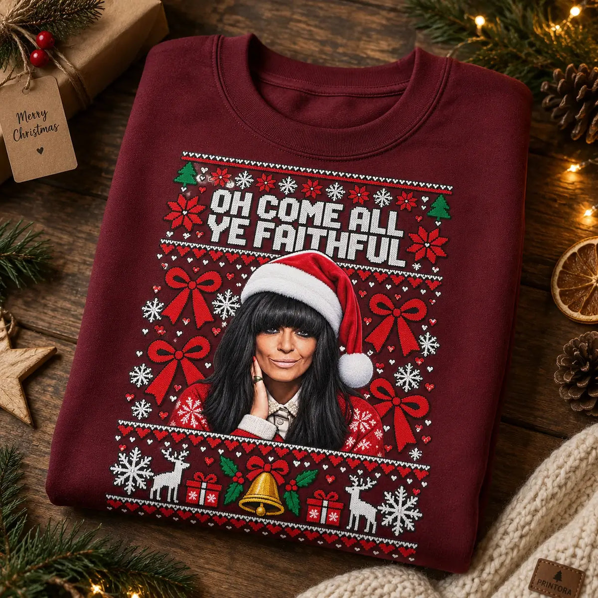 Burgundy Faithful Christmas jumper folded festive product mockup