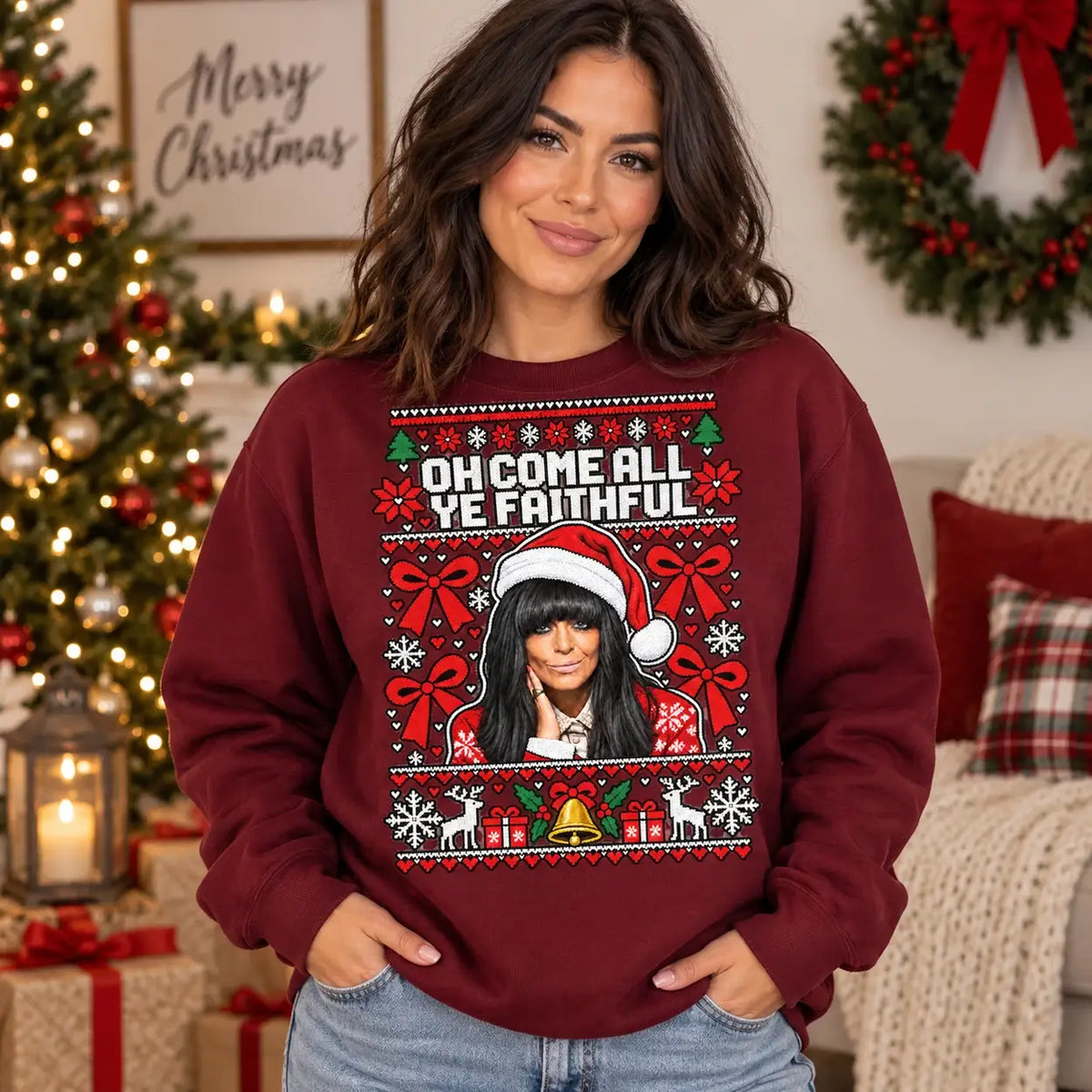Model wearing burgundy Faithful Christmas jumper with Claudia Winkleman inspired design