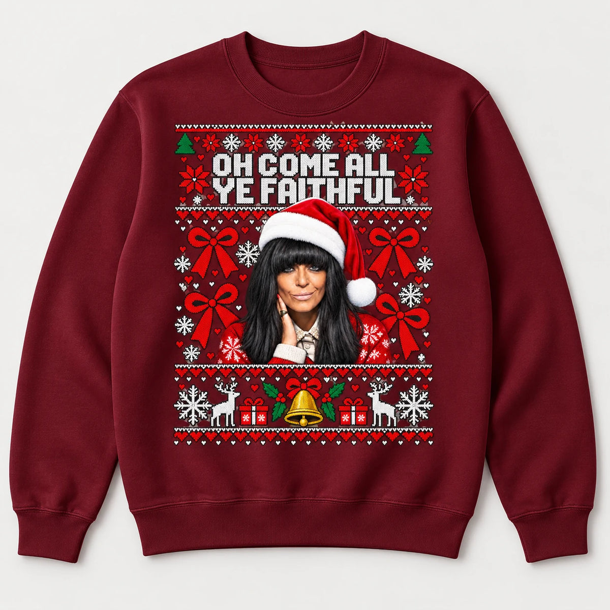 Burgundy Faithful Christmas jumper with Claudia Winkleman inspired festive Traitors design