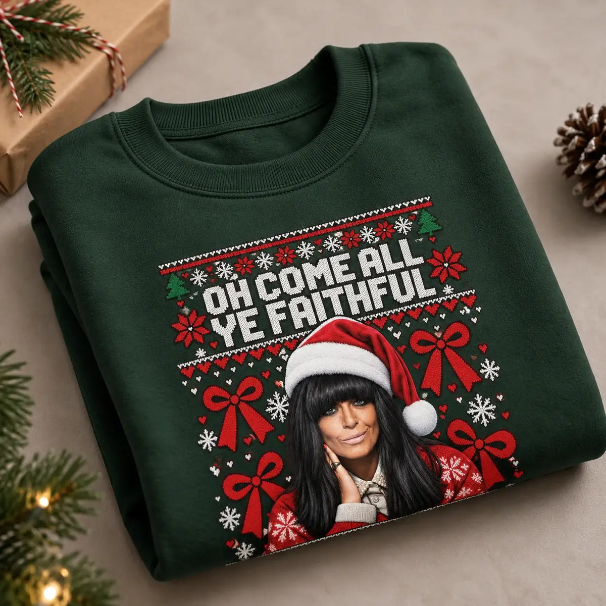 Bottle Green Faithful Christmas jumper folded festive product mockup