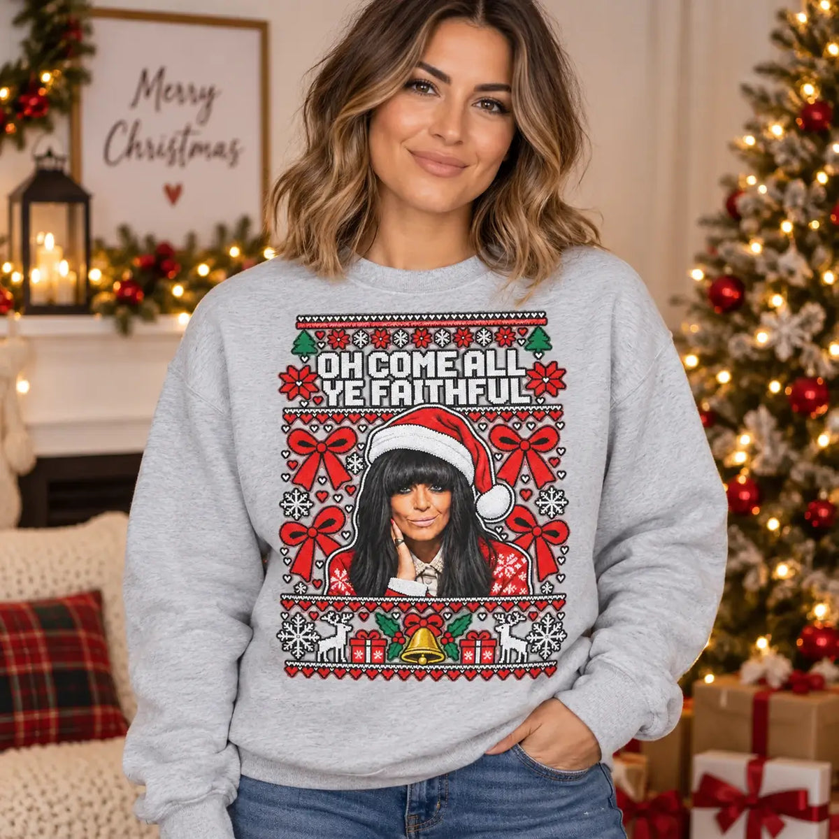 Model wearing heather grey Faithful Christmas jumper with Claudia Winkleman inspired design