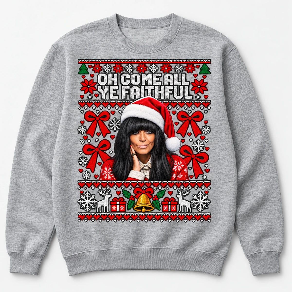 Heather Grey Faithful Christmas jumper with Claudia Winkleman inspired festive Traitors design