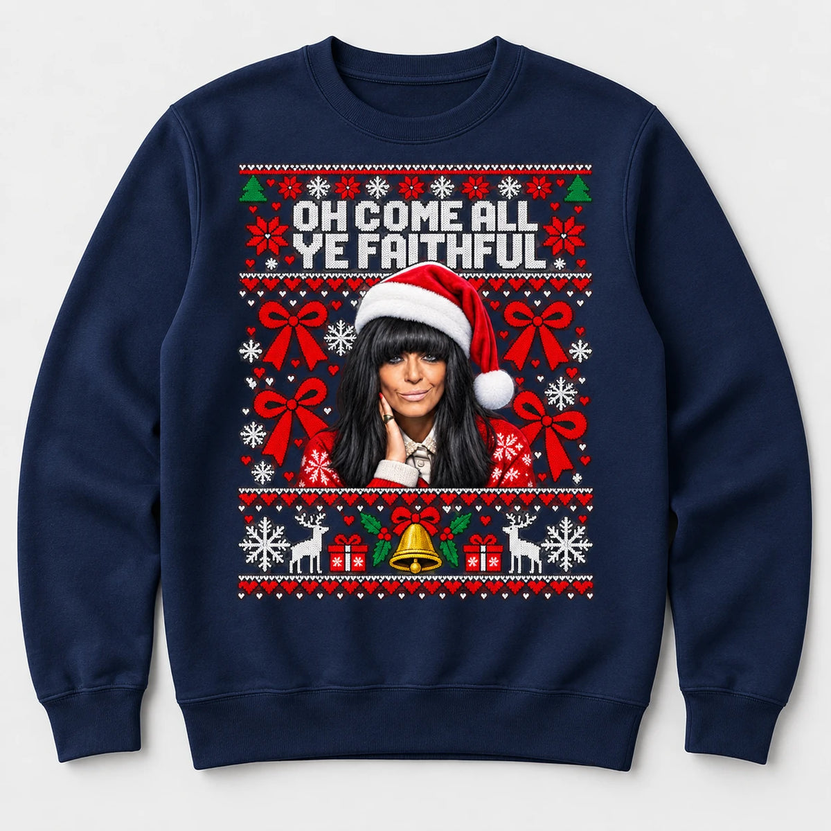 Navy Faithful Christmas jumper with Claudia Winkleman inspired festive Traitors design