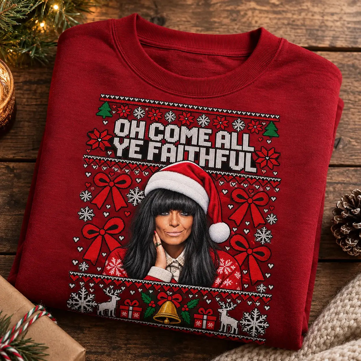Red Faithful Christmas jumper folded festive product mockup