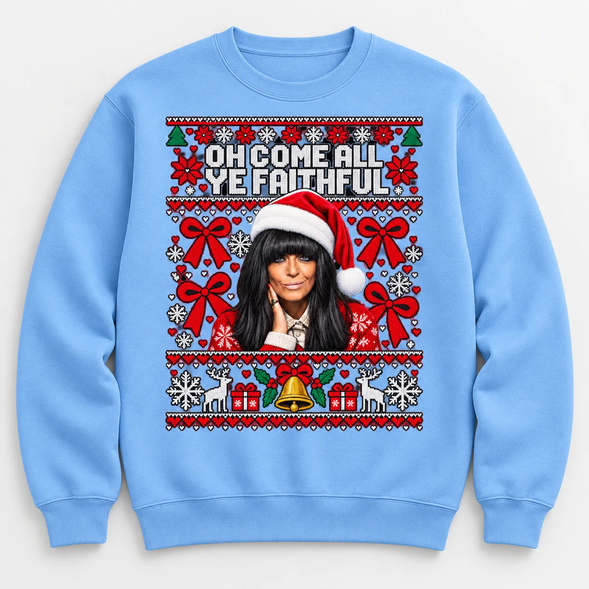 Sky Blue Faithful Christmas jumper with Claudia Winkleman inspired festive Traitors design