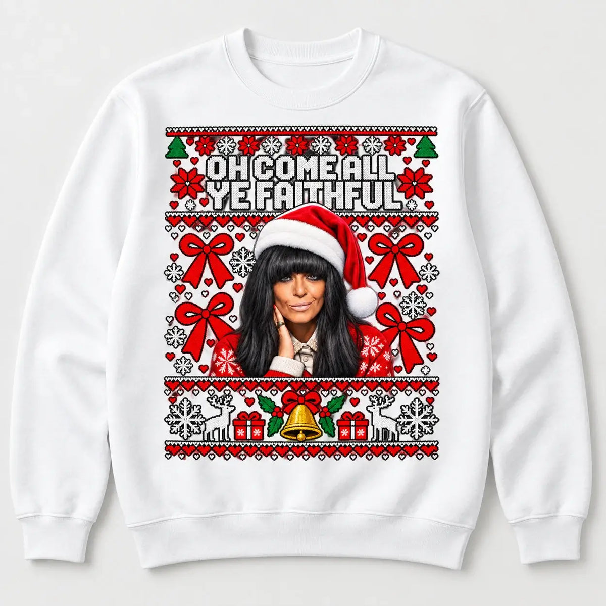 White Faithful Christmas jumper with Claudia Winkleman inspired festive Traitors design